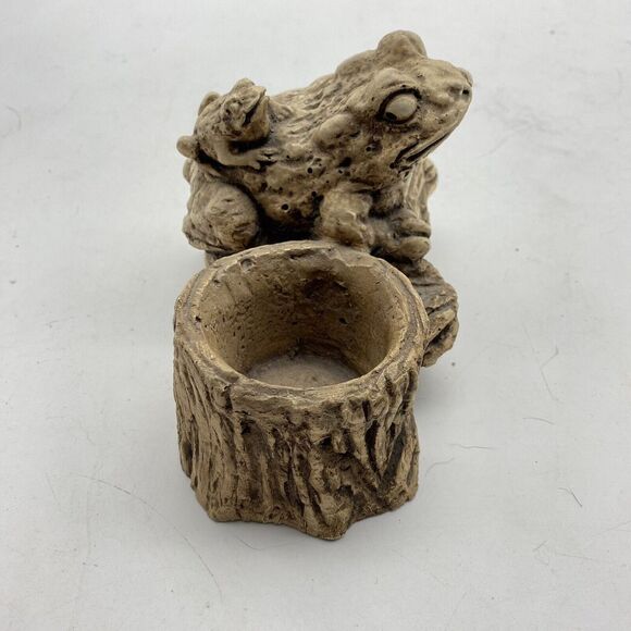 Vtg Pompadour Planter Frog w‎ Baby Figurine AF 77 Trinket Dish Faux Wood 4” - Picture 4 of 15